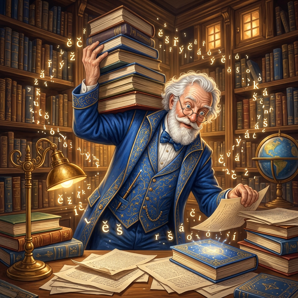 Profesor Gramatikus s brýlemi na nose prohledává kabinet plný knih a poletujících písmen.